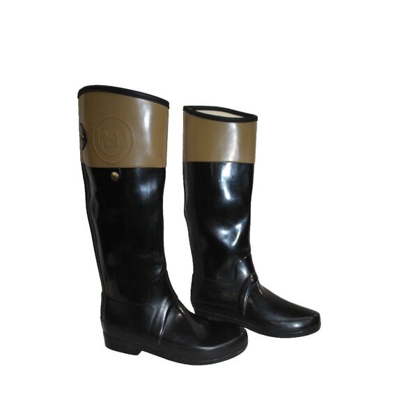Hunter Women's Regent Carlyle Color Block Tall Gloss Rain Boots Black Brown 37 6 - Picture 1 of 9